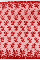 Embroidered Corded Lace Fabric - Red - Cluster Fancy Flower Embroidered Lace Fabric By Yard