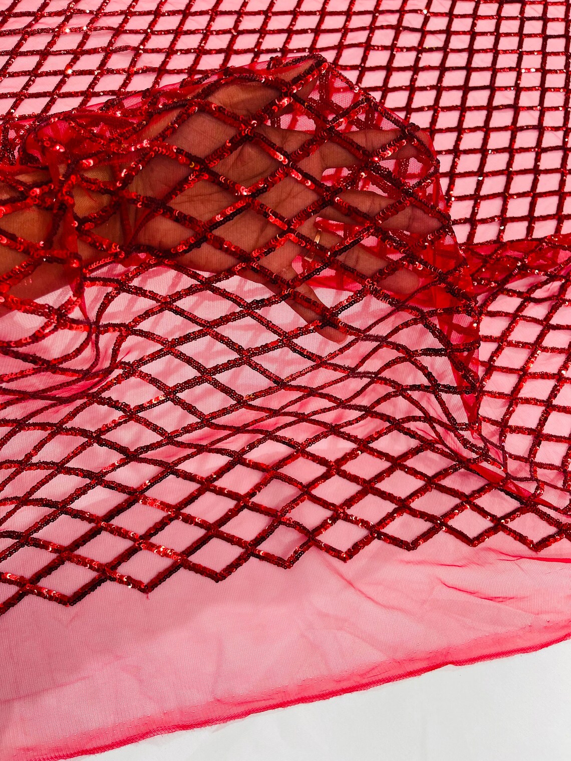 Diamond Sequins Fabric - Purple - Diamond Geometric Net Design on Mesh Lace Fabric By Yard