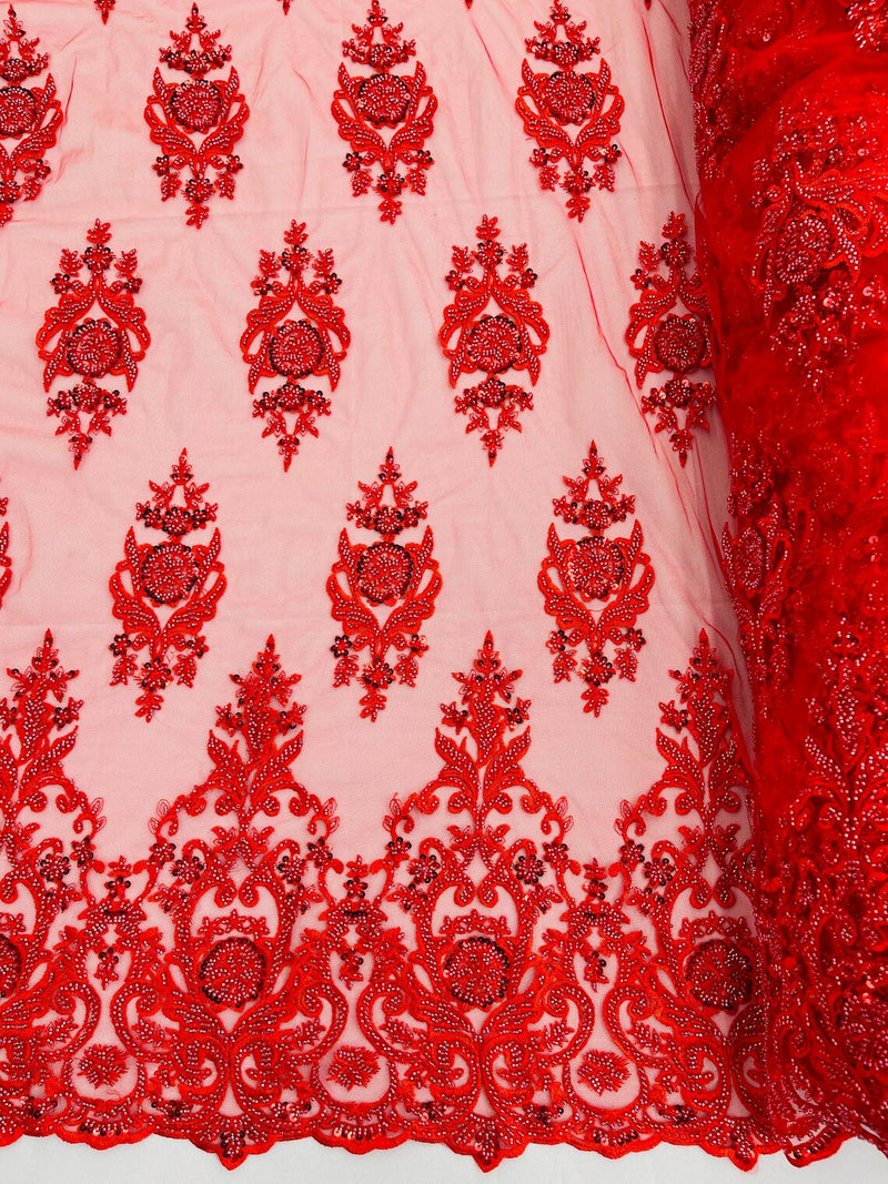 Floral Bead Embroidery Fabric - Red - Damask Floral Bead Bridal Lace Fabric by the yard