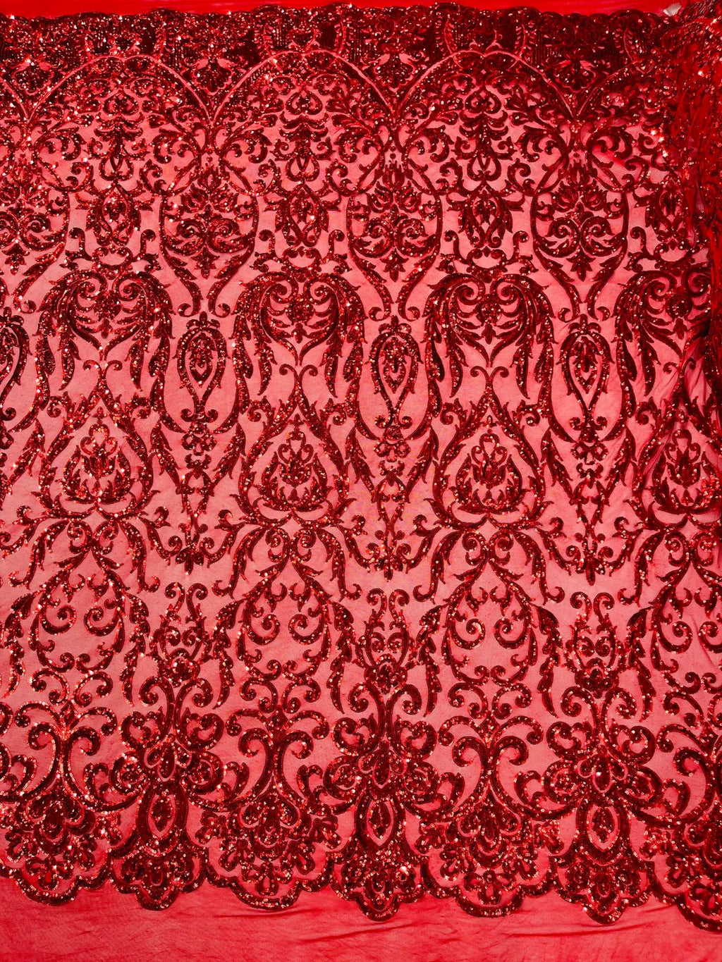 Damask Decor Sequins - Red - 4 Way Stretch Design High Quality Fabric By Yard