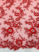 Two Tone Lace Floral Fabric - Red - Embroidered Flower Designs with Sequins on Lace Fabric Sold By Yard