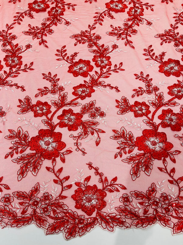 Two Tone Lace Floral Fabric - Red - Embroidered Flower Designs with Sequins on Lace Fabric Sold By Yard