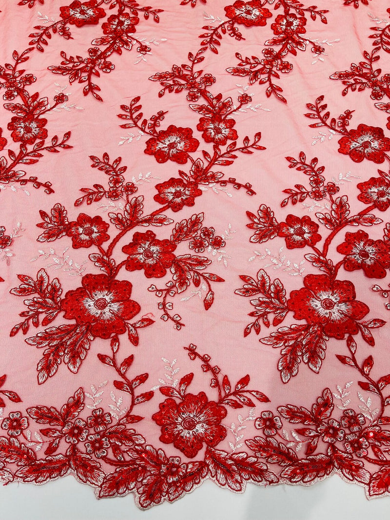 Two Tone Lace Floral Fabric - Red - Embroidered Flower Designs with Sequins on Lace Fabric Sold By Yard