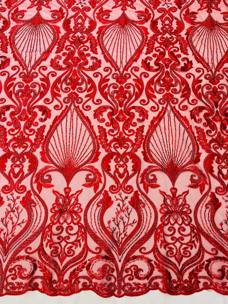 Damask Leaf Bead Fabric - Red - Heavy Beaded Embroidered Sequins Lace Fabric by Yard