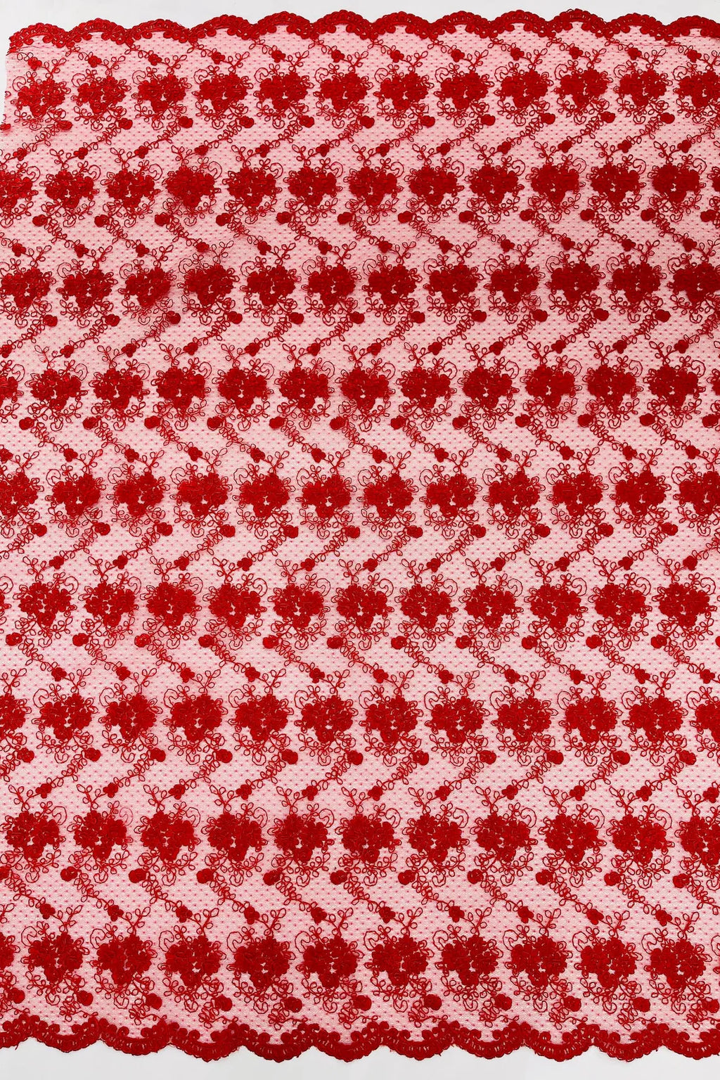 Embroidered Flower Fabric - Red - Floral Design Scalloped Border Fabric By Yard