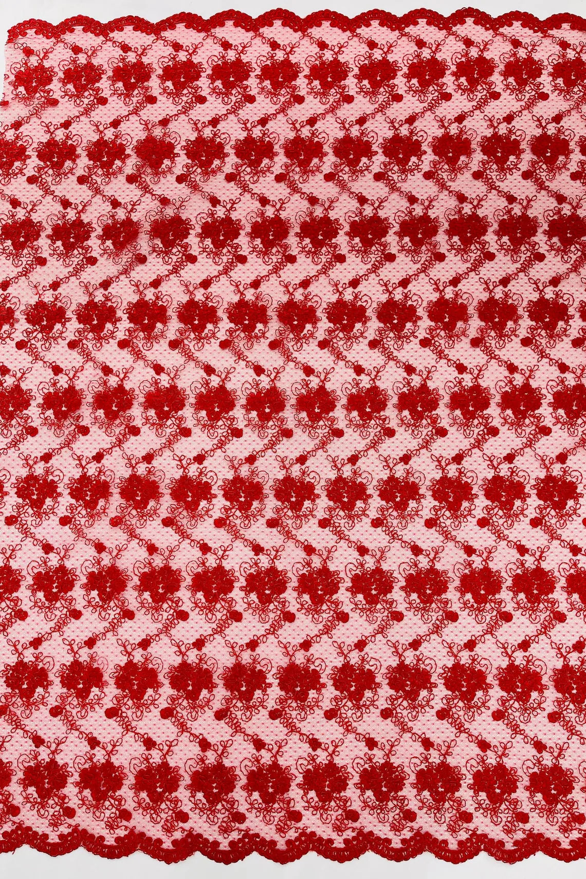 Embroidered Flower Fabric - Red - Floral Design Scalloped Border Fabric By Yard