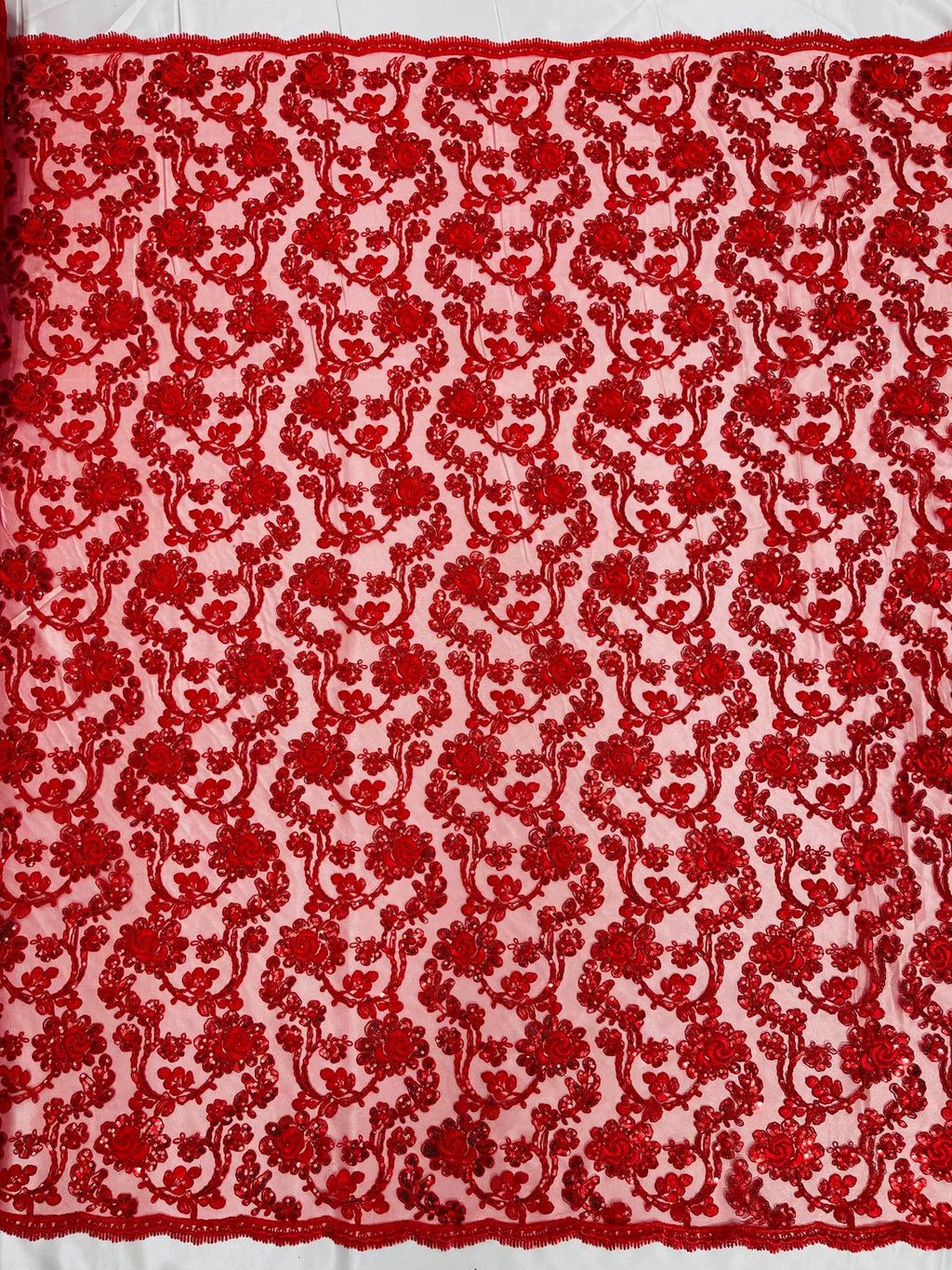 Corded Sequins Flower Lace - Red - Corded Floral Lace With Sequins Sold By Yard