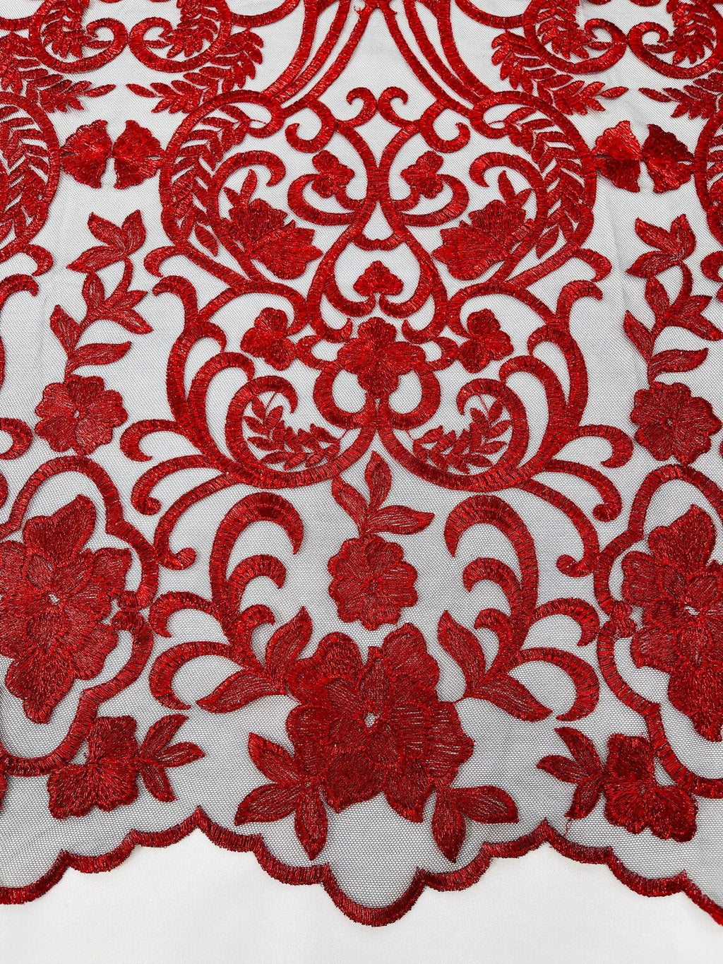 Fancy Damask Lace Fabric - Red on Black - Embroidered Damask Design Mesh on Lace Fabric by Yard