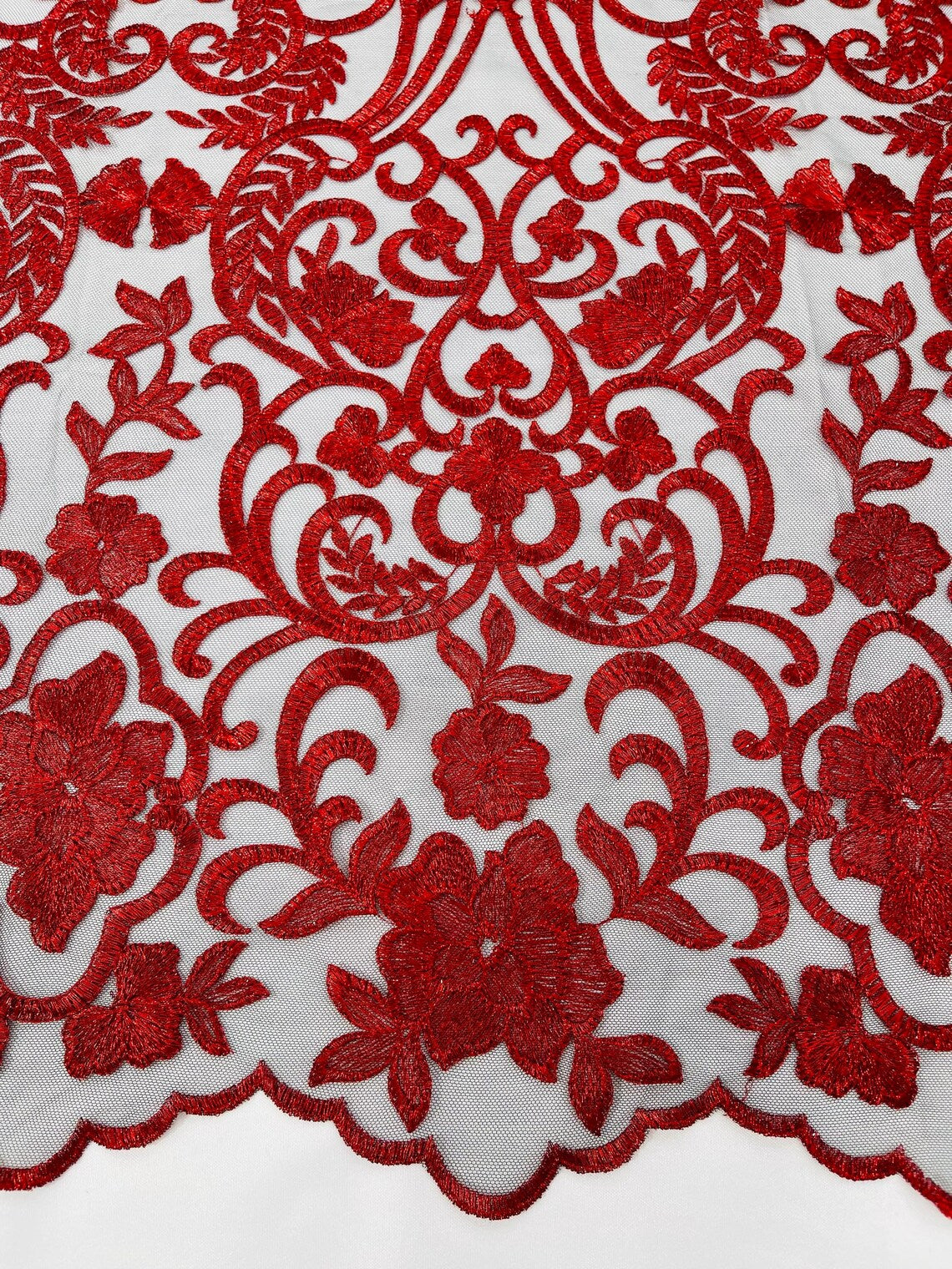 Fancy Damask Lace Fabric - Red on Black - Embroidered Damask Design Mesh on Lace Fabric by Yard
