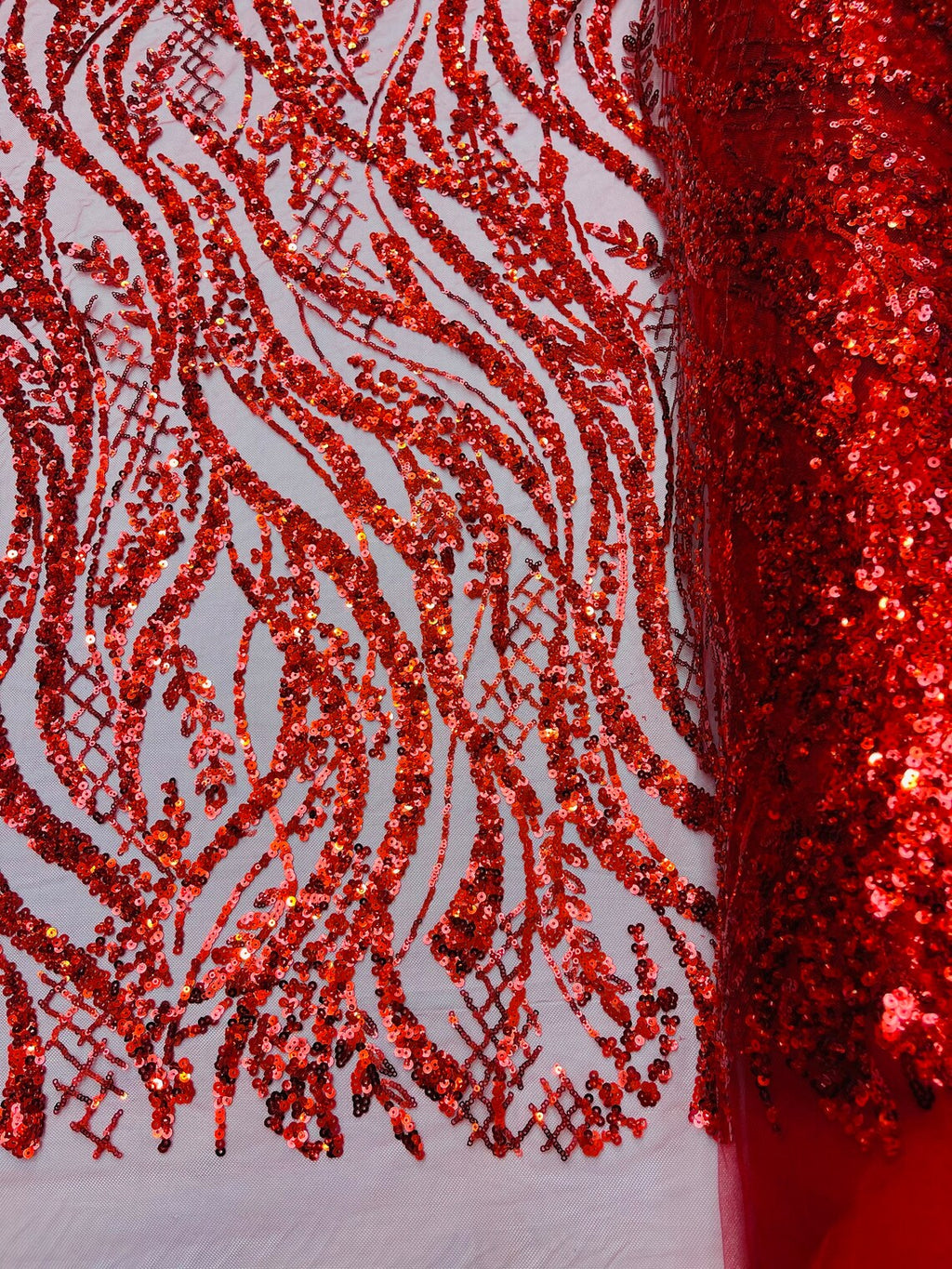 Floral Beaded Wavy Fabric - Red - Beaded Sequins Wavy Embroidered Fabric Sold By Yard