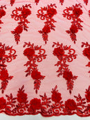 3D Flower Cluster Fabric - Red - 3D Flower Leaf Design Fabric with Pearls Sold By Yard