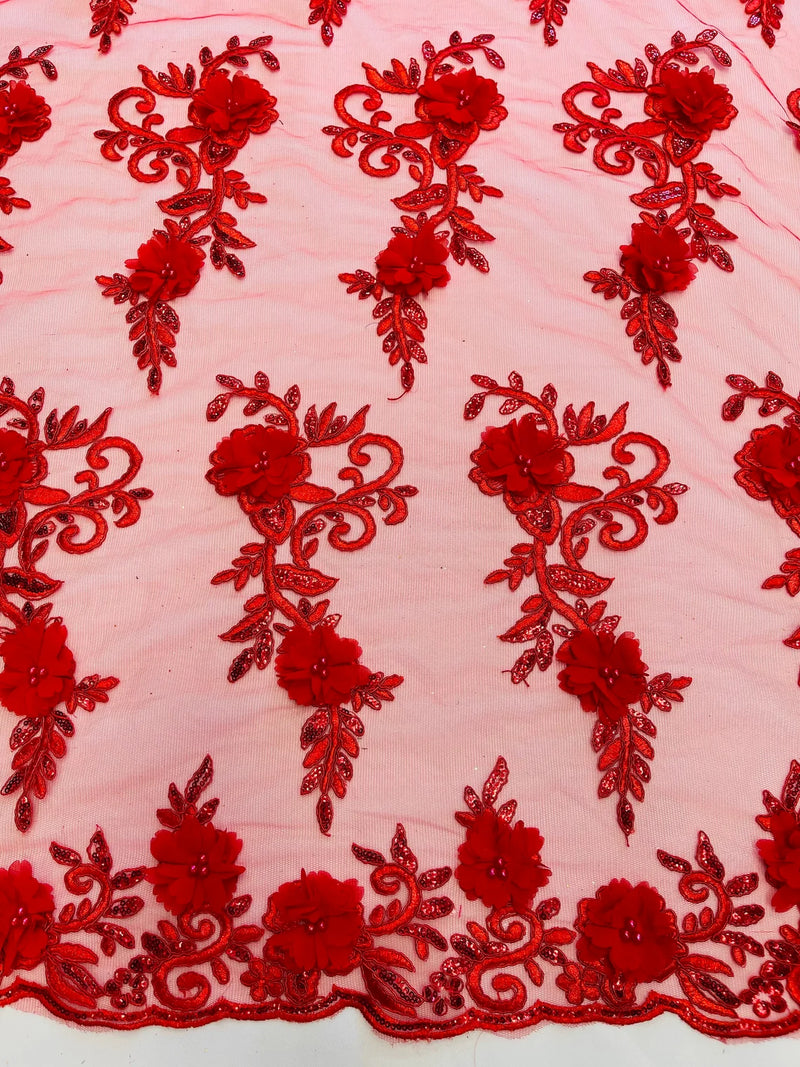 3D Flower Cluster Fabric - Red - 3D Flower Leaf Design Fabric with Pearls Sold By Yard