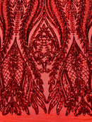 Mermaid Design Sequins Fabric - Red - Sequins Fabric 4 Way Stretch on Mesh By Yard