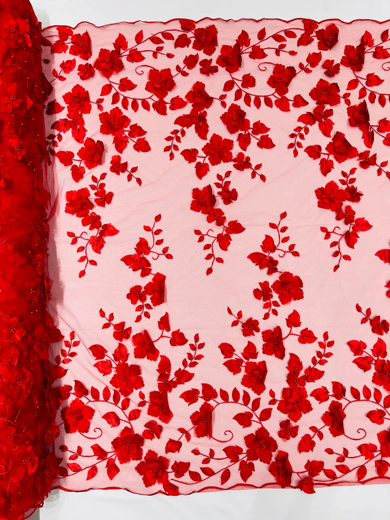 3D Floral Pearl Fabric - Red - Embroidered Floral Pearl Fabric Double Border On Mesh By Yard