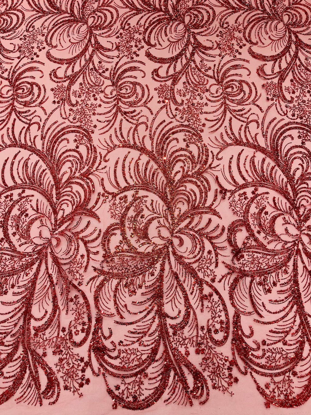 Glitter Palm Leaf Design Fabric - Red - Tulle Mesh Glitter Leaf Design Fabric Sold By Yard