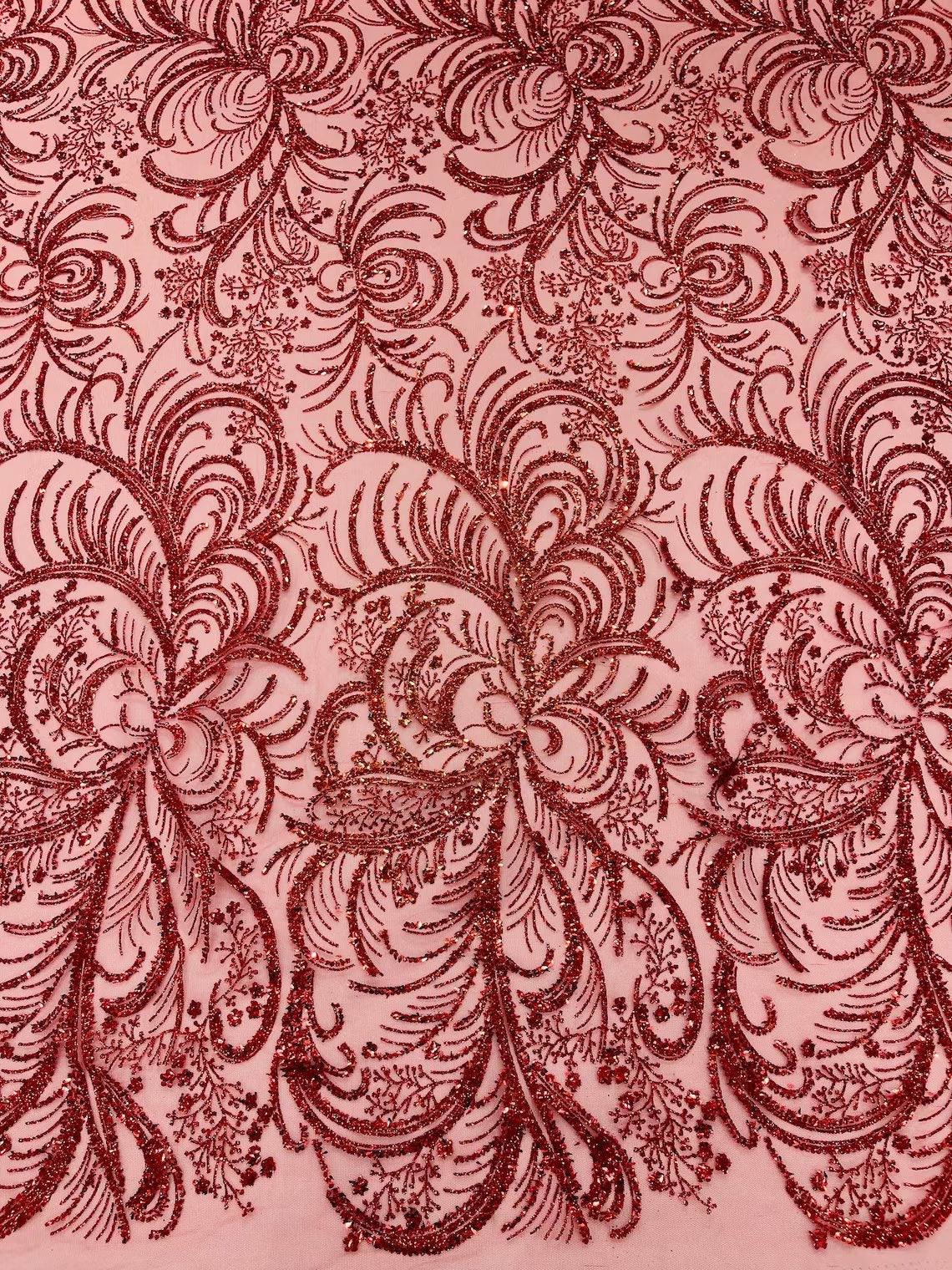 Glitter Palm Leaf Design Fabric - Red - Tulle Mesh Glitter Leaf Design Fabric Sold By Yard