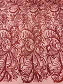 Glitter Palm Leaf Design Fabric - Red - Tulle Mesh Glitter Leaf Design Fabric Sold By Yard