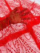 Tulle Glitter Fancy Line Fabric - Red - Tulle Fabric with Sparkle Glitter Design Sold By Yard