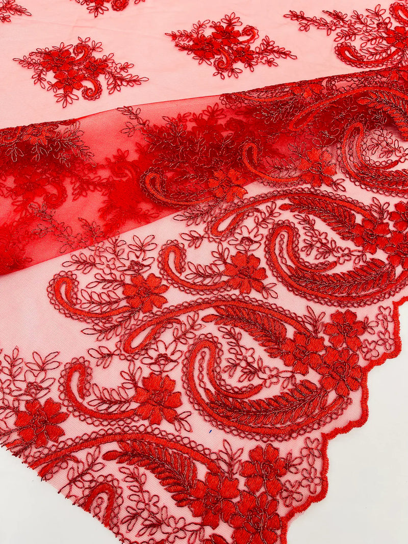 Metallic Corded Lace - Red - Paisley Floral Fabric with Metallic Thread on a Mesh Lace By Yard