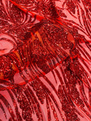 Wavy Leaf Sequins Fabric - Red - Wavy Lines and Leaves Design on Lace Mesh Fabric by Yard