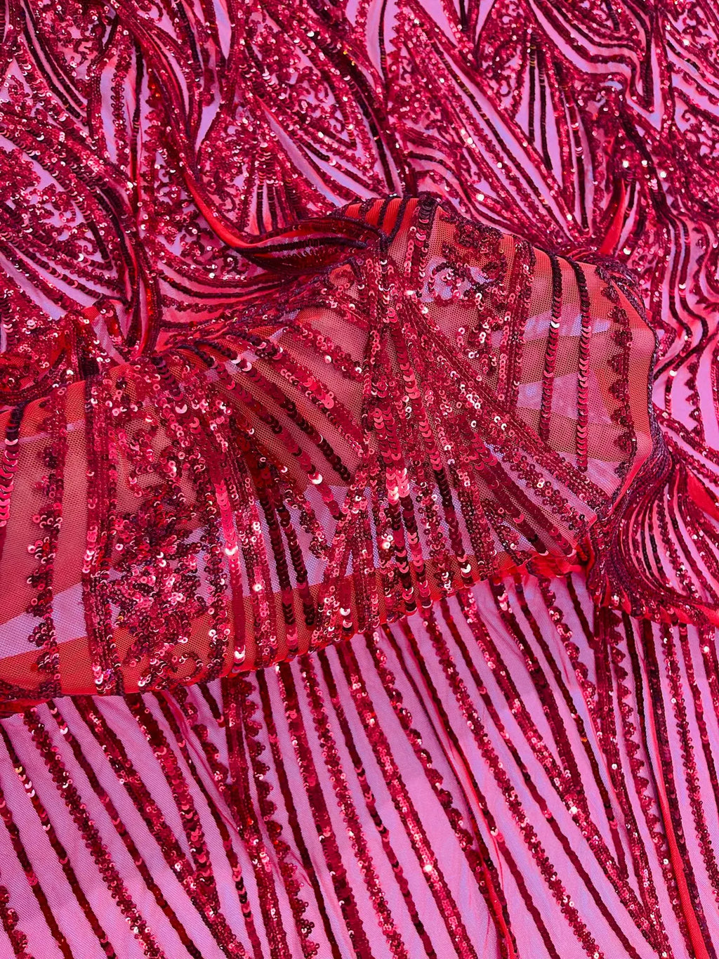 Curvy Line Design Fabric - Red - 4 Way Stretch Sequins Design Mesh Lace Fabric by Yard