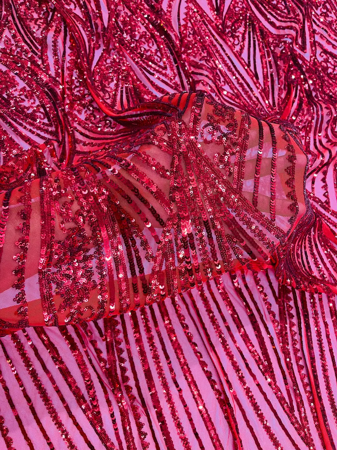Curvy Line Design Fabric - Red - 4 Way Stretch Sequins Design Mesh Lace Fabric by Yard