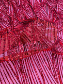 Curvy Line Design Fabric - Red - 4 Way Stretch Sequins Design Mesh Lace Fabric by Yard
