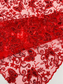 Butterfly Sequins Fabric - Red - Metallic Floral Butterfly Design on Lace Fabric By Yard