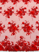 3D Flower Sequins Design - Red - Embroidered Pearl Sequins Floral Clusters Lace Fabric By Yard