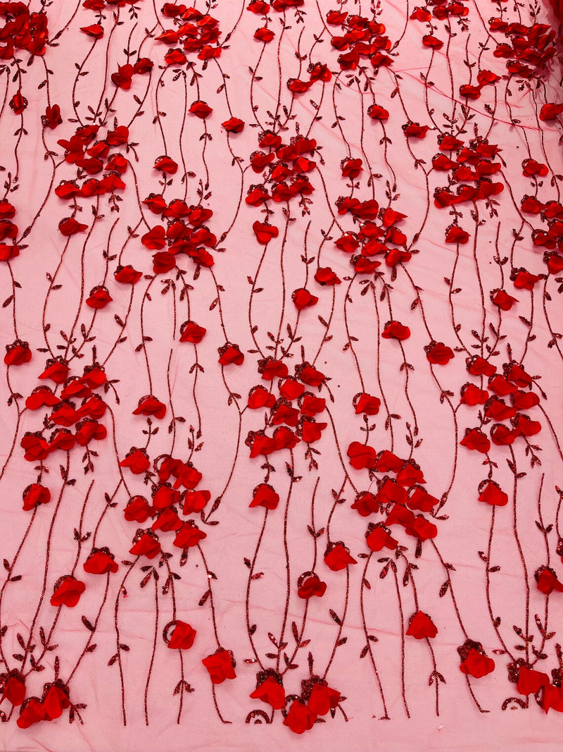 3D Glitter Floral Fabric - Red - 3D Flowers with Sequins and Glitter on Mesh Sold By Yard