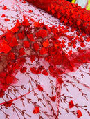 3D Flower Glitter Fabric - Red - Flower Design on Glitter Mesh Fabric Sold By Yard
