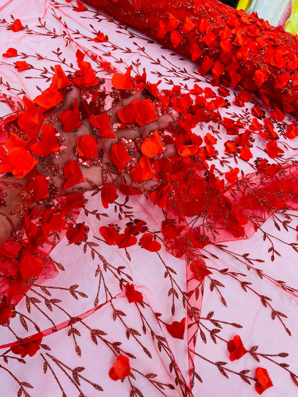 3D Flower Glitter Fabric - Red - Flower Design on Glitter Mesh Fabric Sold By Yard