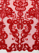 King Lace Pattern Fabric - Red - Embroidered Sequins on Lace Mesh Fabric By Yard