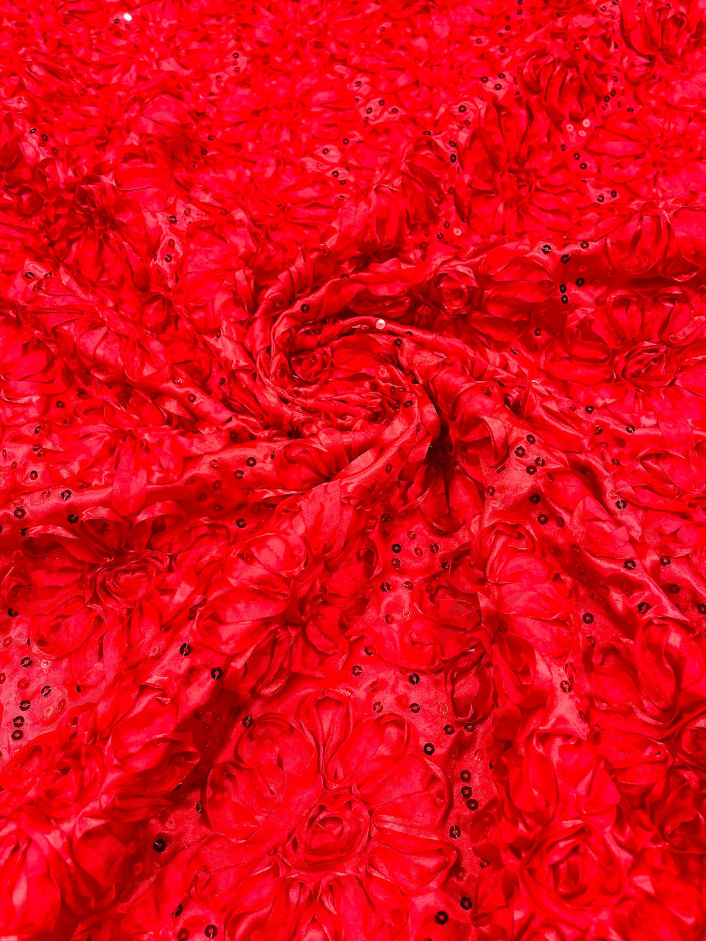 Satin Rosette Sequins Fabric - Red - 3D Rosette Satin Rose Fabric with Sequins By Yard