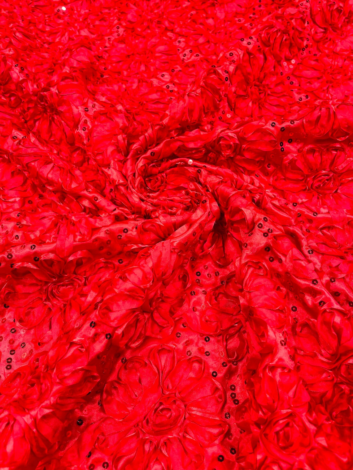 Satin Rosette Sequins Fabric - Red - 3D Rosette Satin Rose Fabric with Sequins By Yard