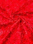 Satin Rosette Sequins Fabric - Red - 3D Rosette Satin Rose Fabric with Sequins By Yard