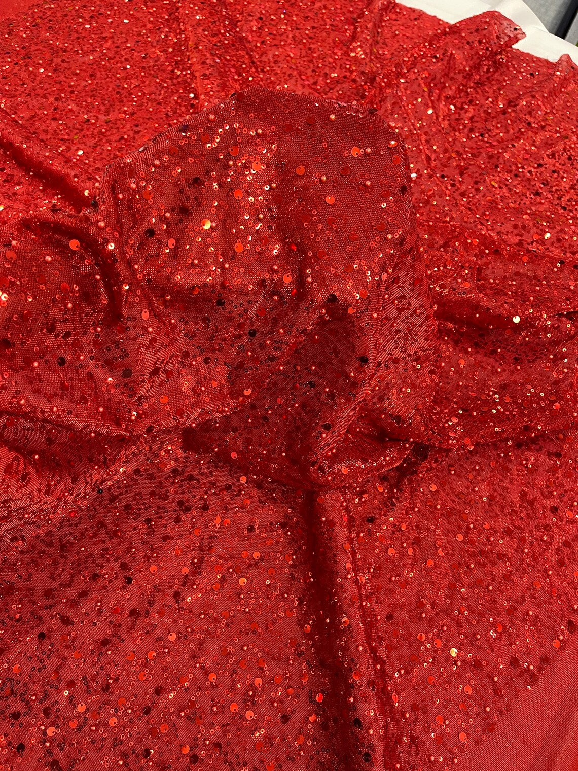 Shimmer Glitter Bead Fabric - Red - Sparkle Stretch Sequins Bead Shiny Glitter Fabric By Yard