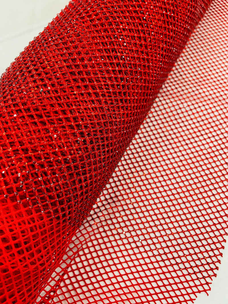 Fish Net Spandex Rhinestone Fabric - Red - Solid Spandex Fish Net Design Fabric with Rhinestones by Yard