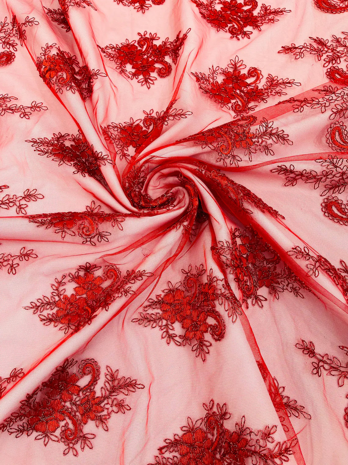 Metallic Corded Lace - Red - Paisley Floral Fabric with Metallic Thread on a Mesh Lace By Yard