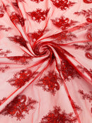 Metallic Corded Lace - Red - Paisley Floral Fabric with Metallic Thread on a Mesh Lace By Yard