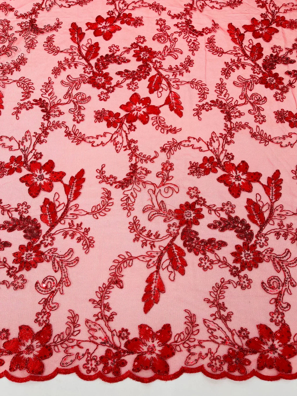 Floral Metallic Lace Fabric - Red - Corded Embroidered Floral Sequins Fabric by Yard