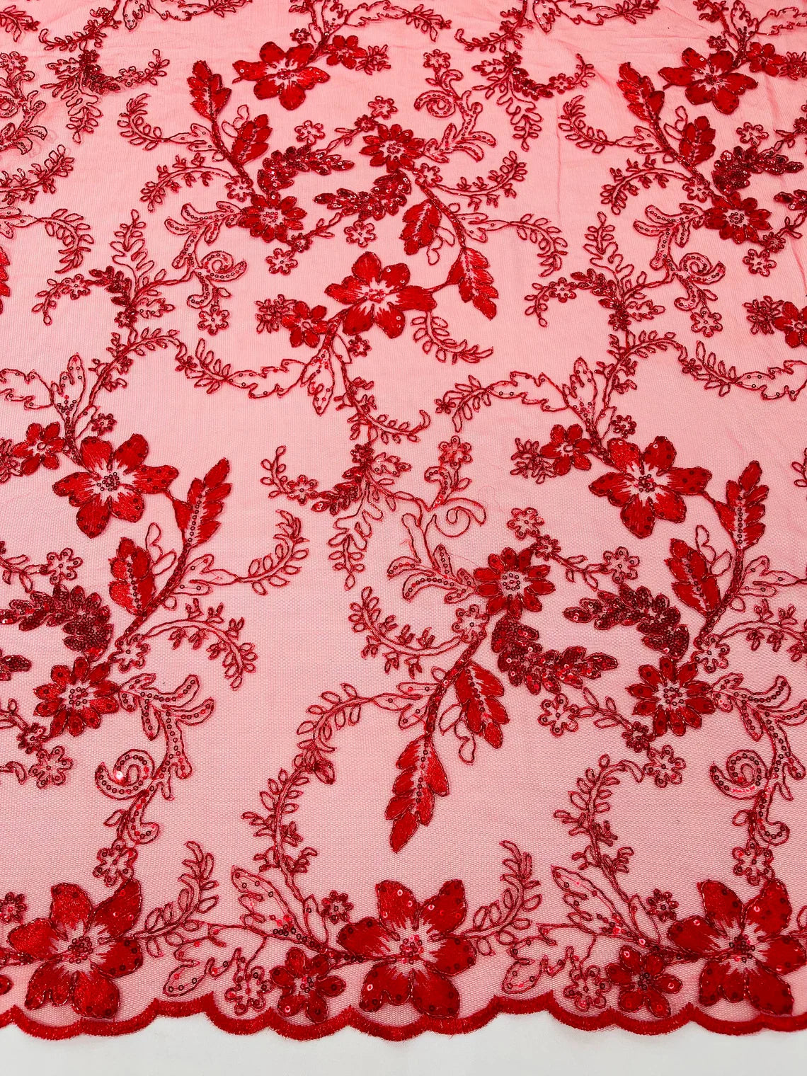 Floral Metallic Lace Fabric - Red - Corded Embroidered Floral Sequins Fabric by Yard