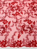 Floral Metallic Lace Fabric - Red - Corded Embroidered Floral Sequins Fabric by Yard