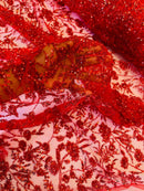 Beaded Floral Plant Design - Red - Embroidered Beaded Flower Plants Sequins Fabric By Yard