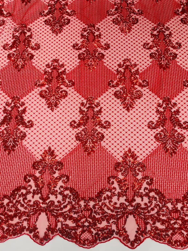 King Damask Design Fabric - Red - Embroidered Corded Mesh Lace Fabric with Sequins By Yard