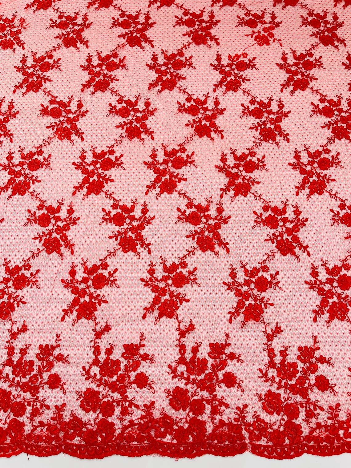 Embroidered Corded Lace Fabric - Red - Cluster Fancy Flower Embroidered Lace Fabric By Yard