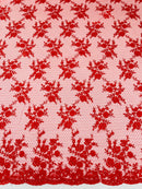 Embroidered Corded Lace Fabric - Red - Cluster Fancy Flower Embroidered Lace Fabric By Yard