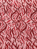 Wavy Leaf / Floral Bead Fabric - Red - Beaded Rhinestone Embroidered on a Mesh By Yard