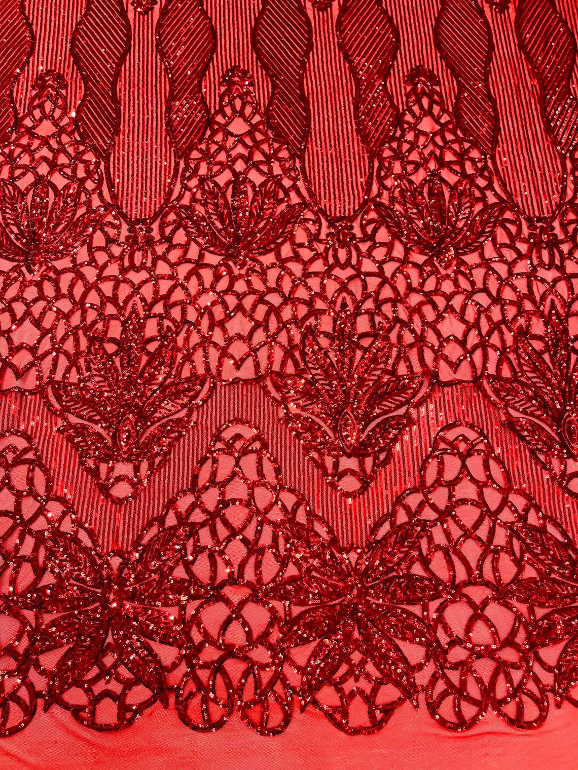 Elegant Floral Leaf Design - Red - 4 Way Stretch Sequins Lace Spandex Fabric By Yard