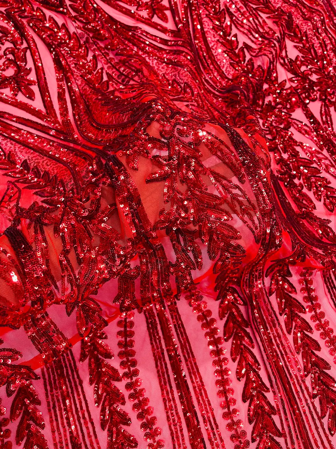 Mermaid Design Sequins Fabric - Red - Sequins Fabric 4 Way Stretch on Mesh By Yard